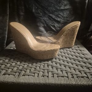 Clear Strap Cork Wedge Sandals - Women's Beige